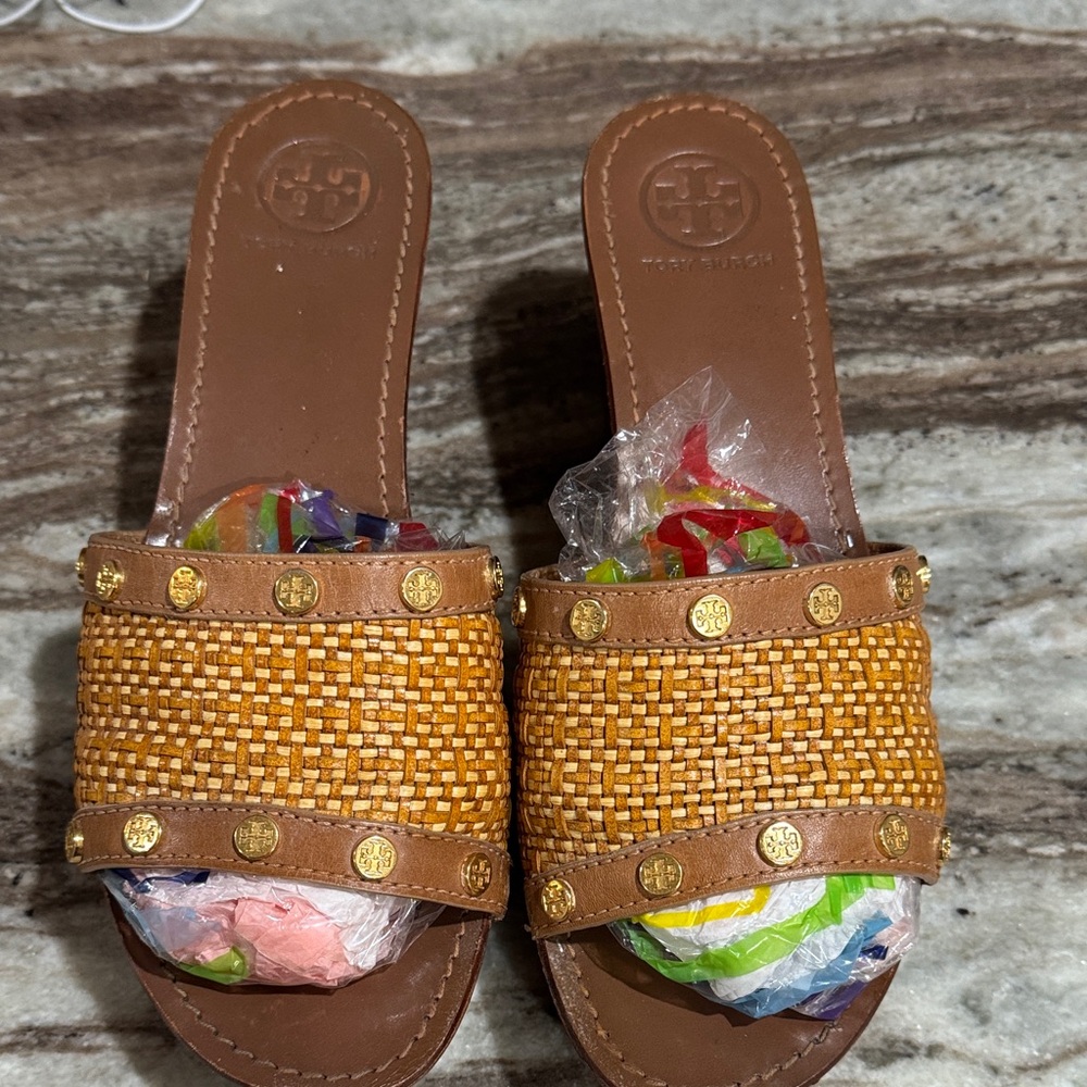 Re-poshing Tory Burch Gold and Brown Woven Slide Sandals.